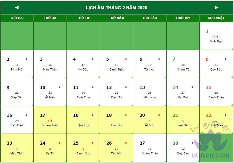 Tết âm lịch 2026 vào ngày nào dương lịch, mùng 1 là ngày mấy?