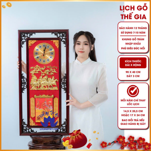  Lịch gỗ gắn đồng hồ Ngũ Ngựa Phi Mã Lộc Tài thúc đẩy sự nghiệp thăng tiến