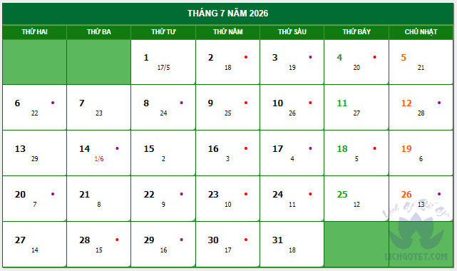 Cập nhật lịch âm năm 2026, lịch vạn niên 2026, lịch dương 2026 chi tiết
