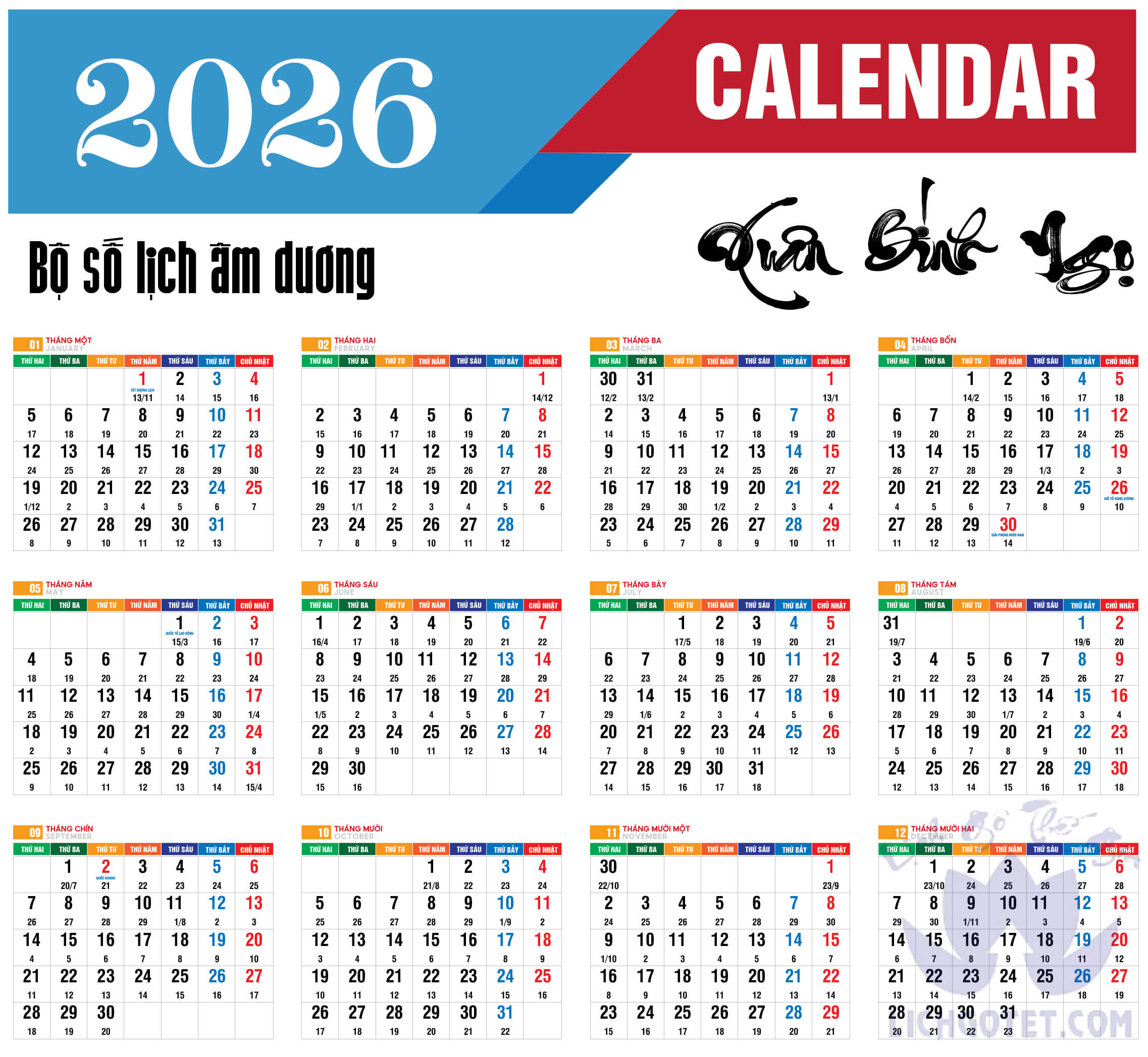 Cập nhật lịch âm năm 2026, lịch vạn niên 2026, lịch dương 2026 chi tiết