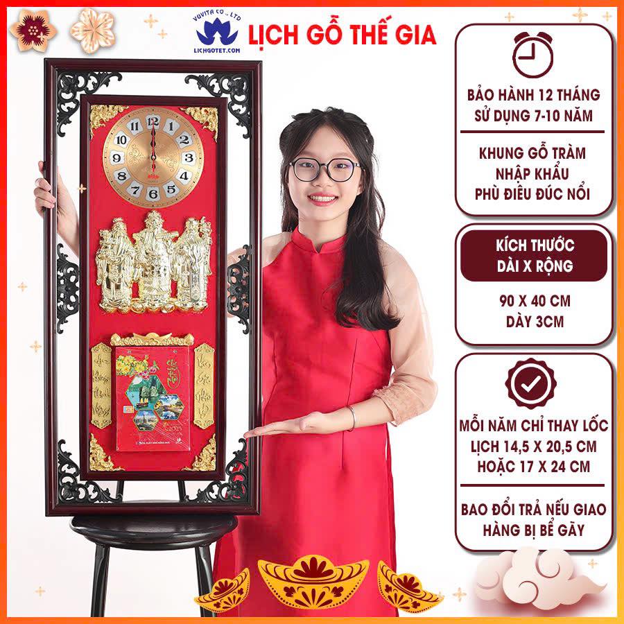 Ý nghĩa lịch gỗ mừng tân gia thể hiện qua Tam Tiên Phúc Lộc Thọ