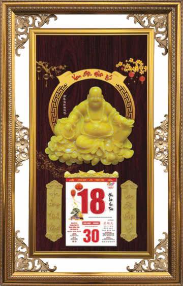 Lịch gỗ mừng tân gia Di Lặc An Khang với nụ cười hoan hỷ, vô ưu